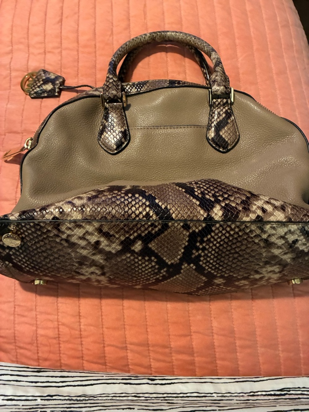 Michael Kors Olive Green Satchel with Snake-Print Trim - Picture 2 of 8